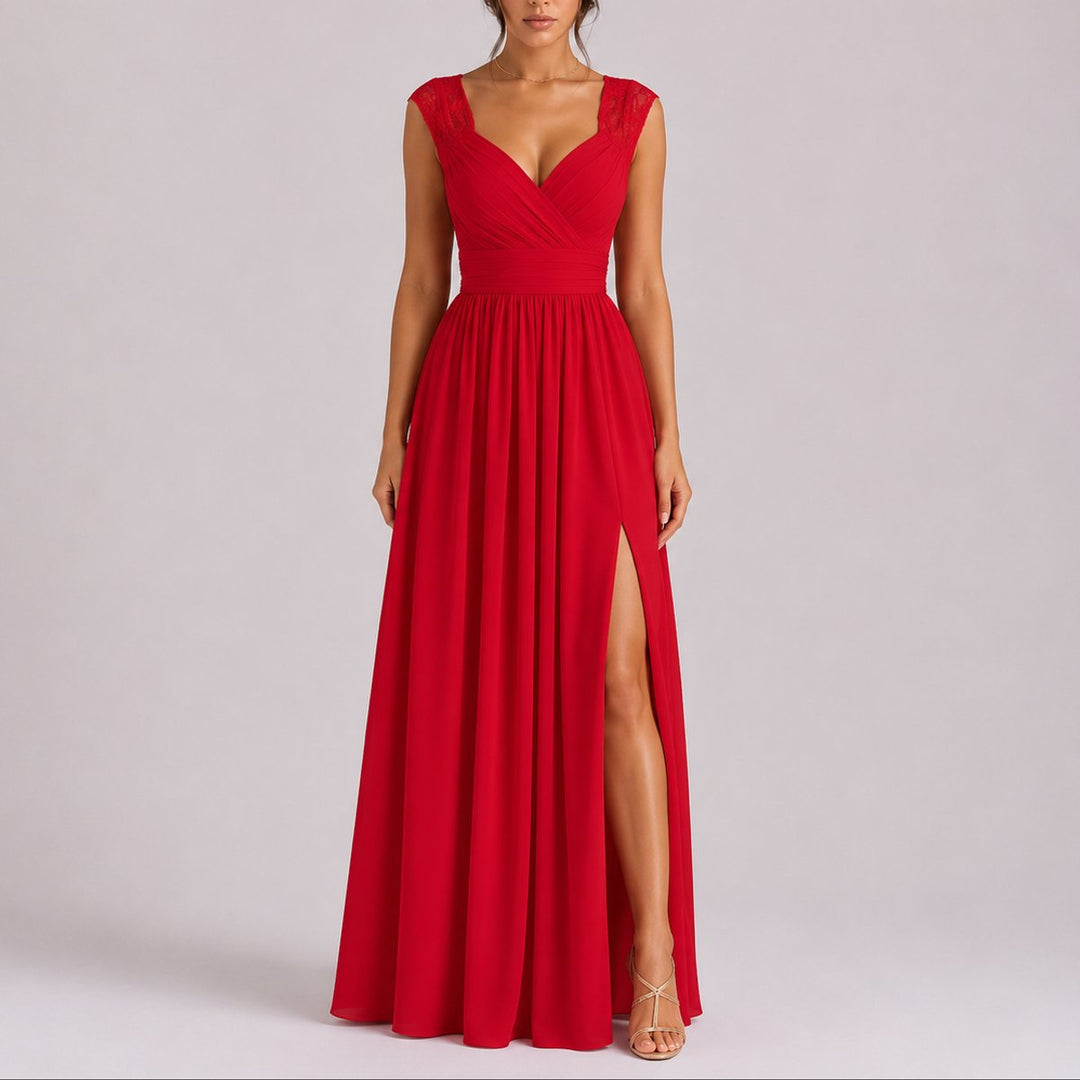 Women's Lace Shoulder Wrap-Bodice Side-Slit Fall Wedding Guest Dresses - Red