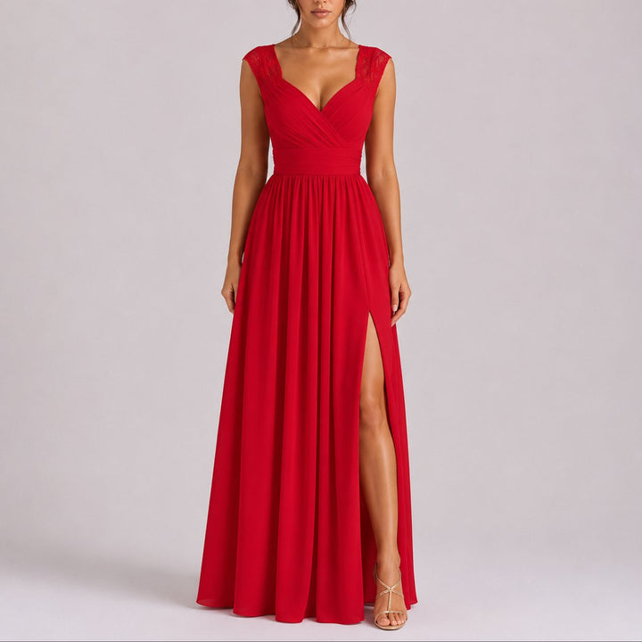 Women's Lace Shoulder Wrap-Bodice Side-Slit Fall Wedding Guest Dresses - Red