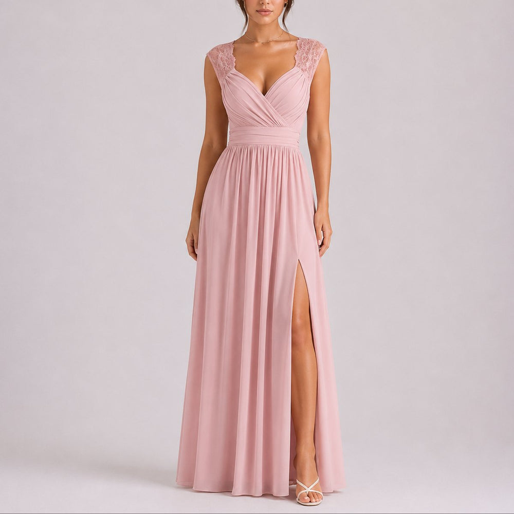 Women's Lace Shoulder Wrap-Bodice Side-Slit Fall Wedding Guest Dresses - Pink