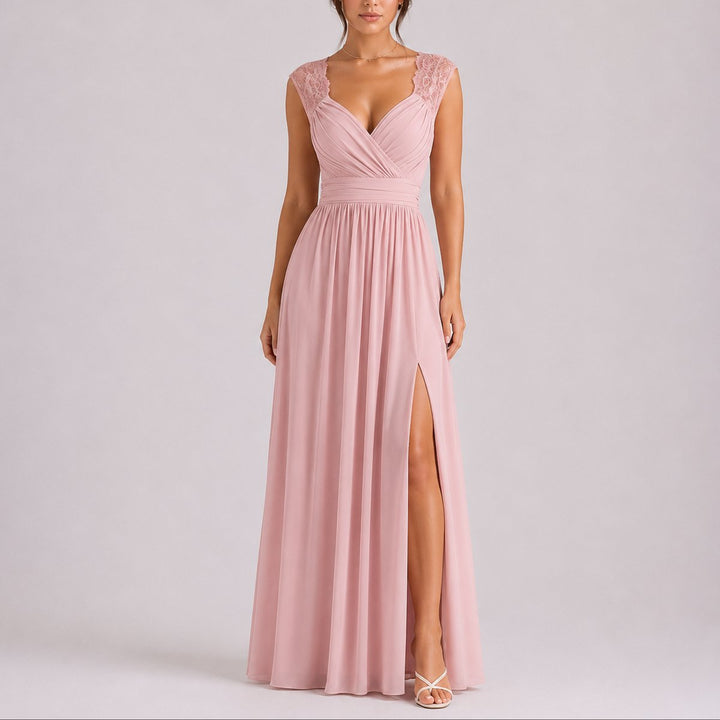 Women's Lace Shoulder Wrap-Bodice Side-Slit Fall Wedding Guest Dresses - Pink
