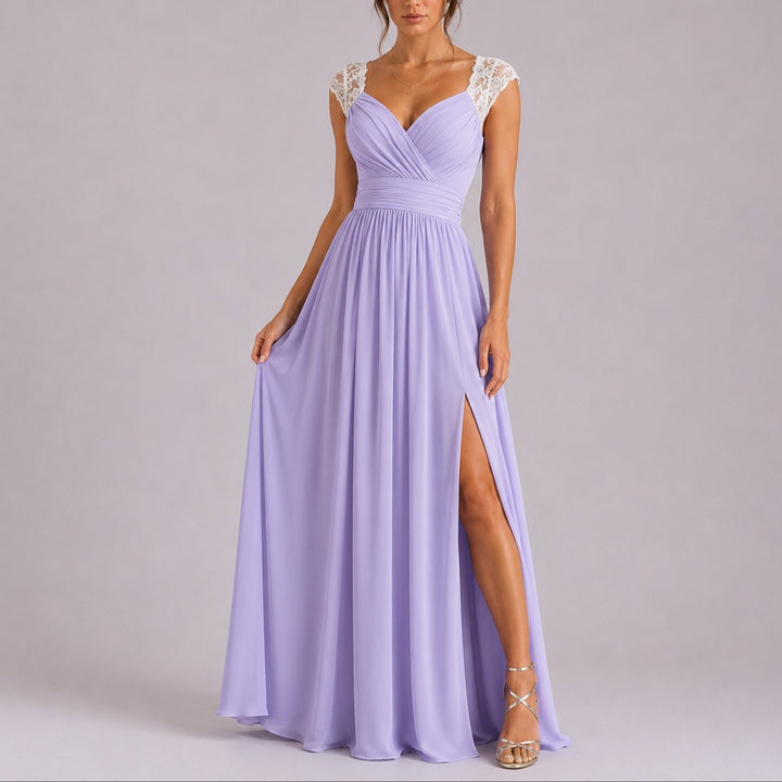 Women's Lace Shoulder Wrap-Bodice Side-Slit Fall Wedding Guest Dresses - Purple