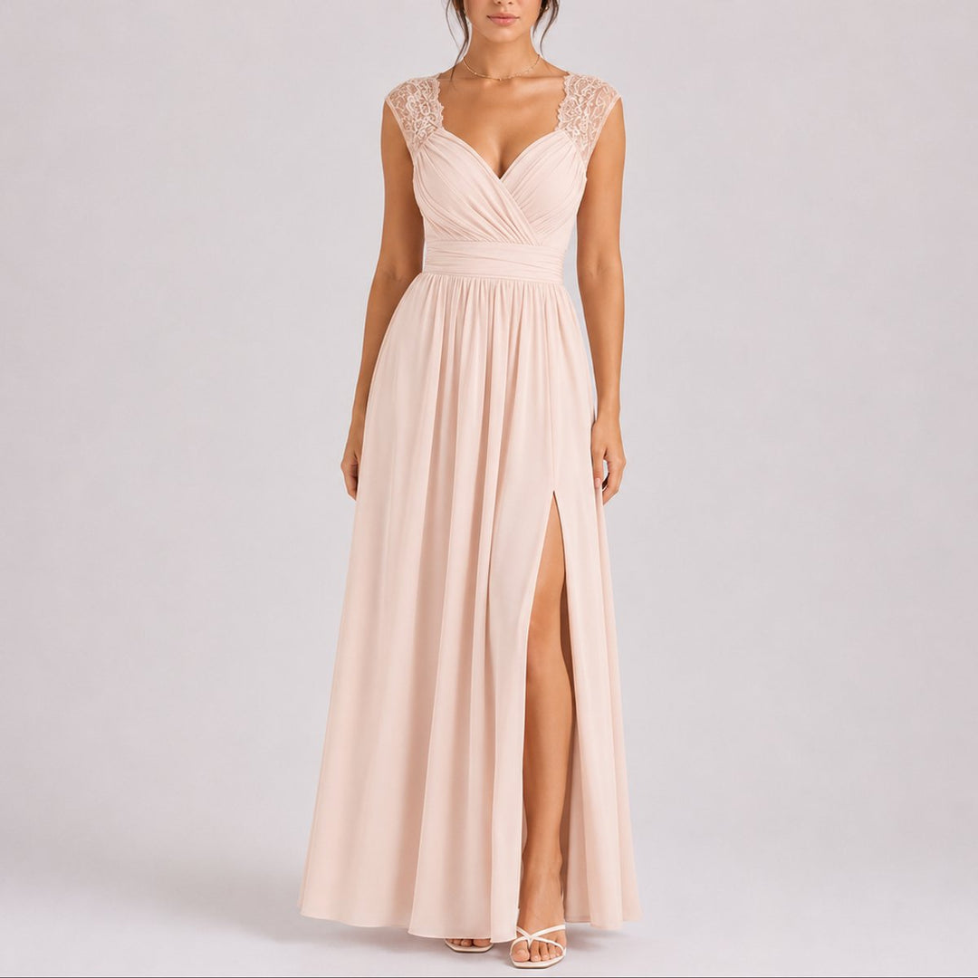 Women's Lace Shoulder Wrap-Bodice Side-Slit Fall Wedding Guest Dresses - Beige