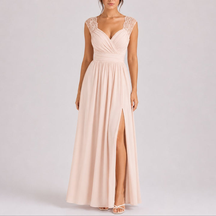Women's Lace Shoulder Wrap-Bodice Side-Slit Fall Wedding Guest Dresses - Beige