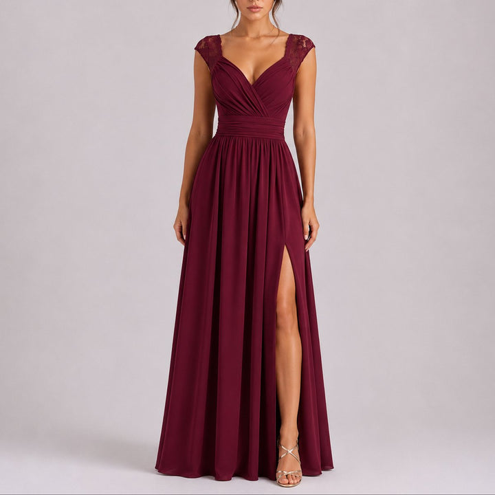 Women's Lace Shoulder Wrap-Bodice Side-Slit Fall Wedding Guest Dresses - Red Carpet