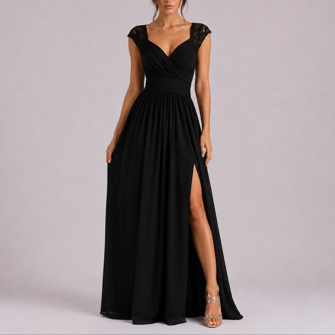 Women's Lace Shoulder Wrap-Bodice Side-Slit Fall Wedding Guest Dresses - Black