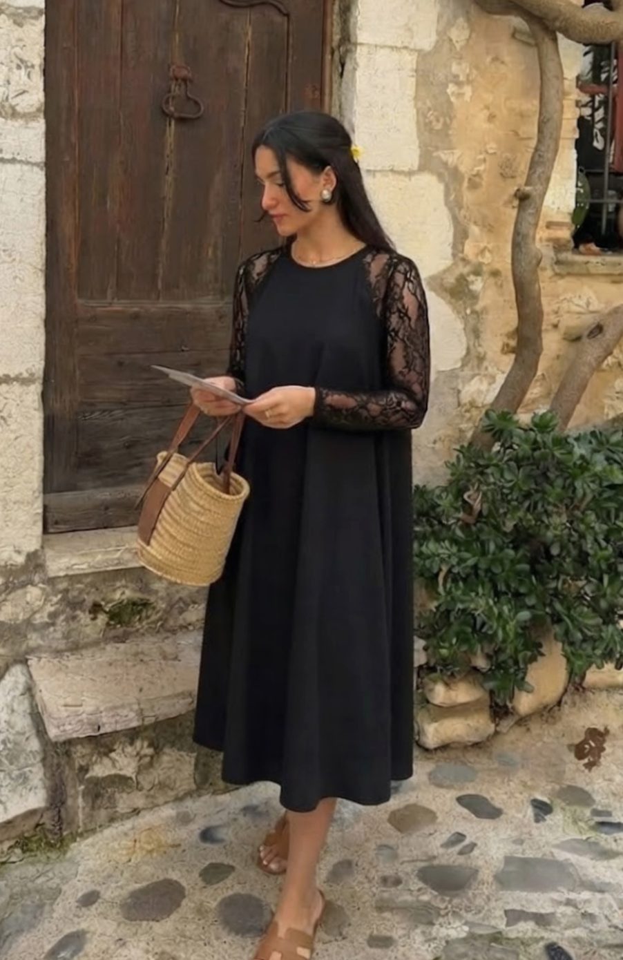 Women's Lace-Sleeve Peplum Fitted Midi Cocktail Dress