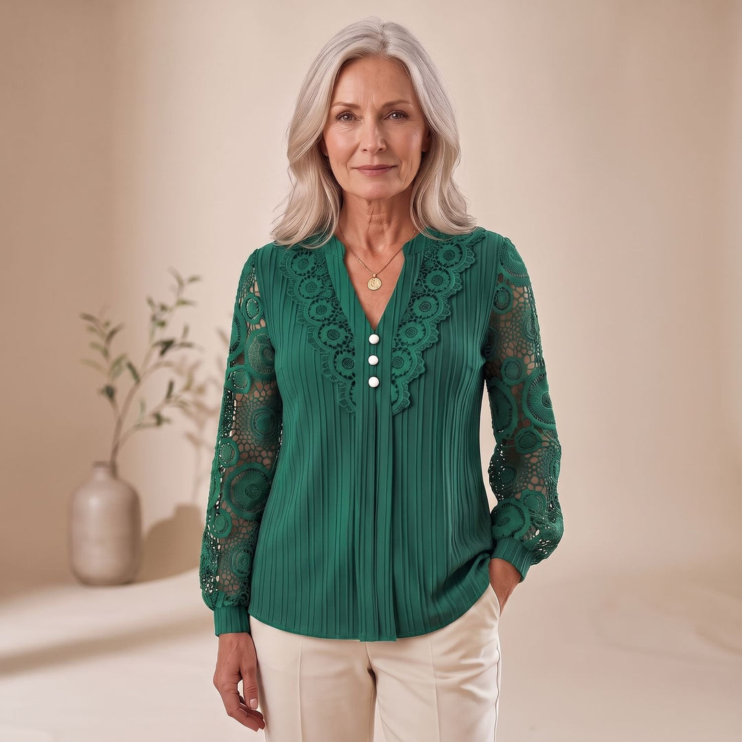 Women's Lace-Sleeve V-Neck Button-Front Blouse