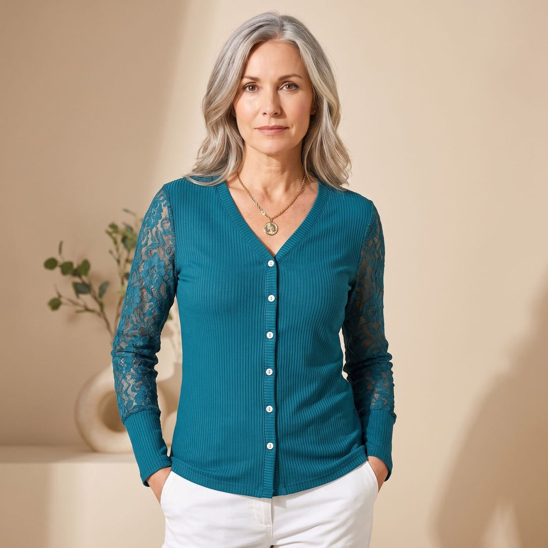 Women's Lace-Sleeve V-Neck Button-Front Blouse - Green