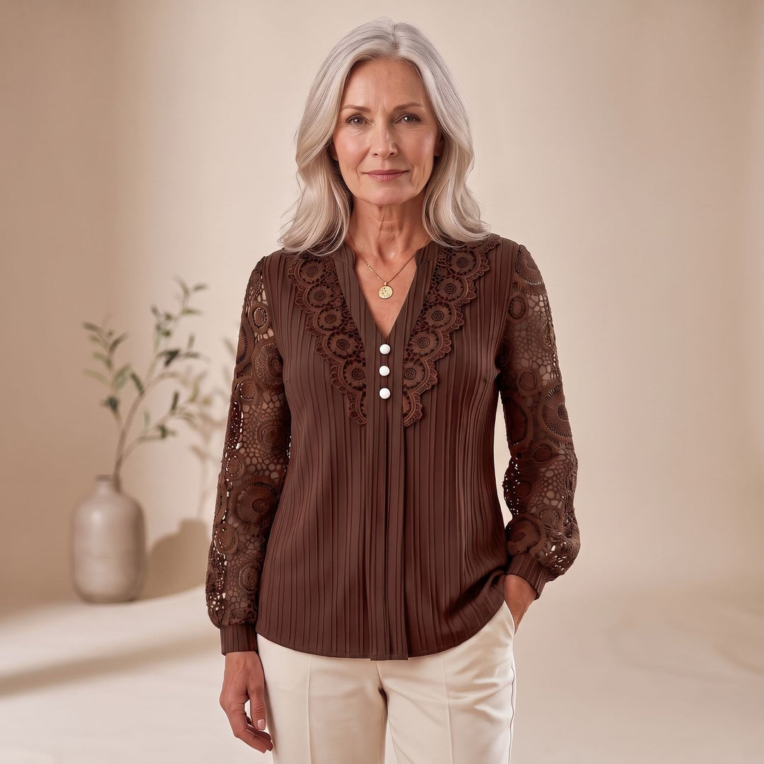 Women's Lace-Sleeve V-Neck Button-Front Blouse - Khaki