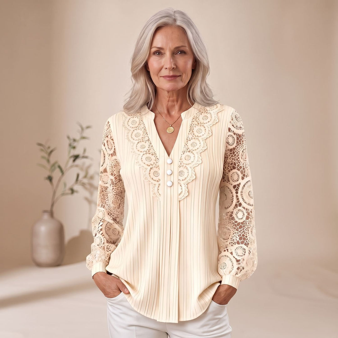 Women's Lace-Sleeve V-Neck Button-Front Blouse - Apricot