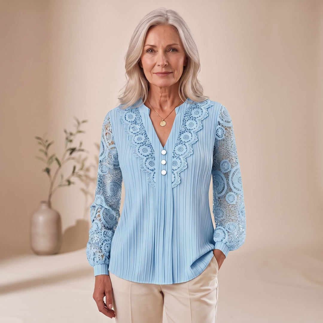 Women's Lace-Sleeve V-Neck Button-Front Blouse - Sky Blue