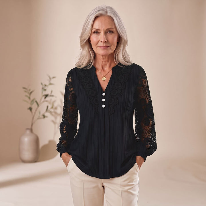 Women's Lace-Sleeve V-Neck Button-Front Blouse - Black