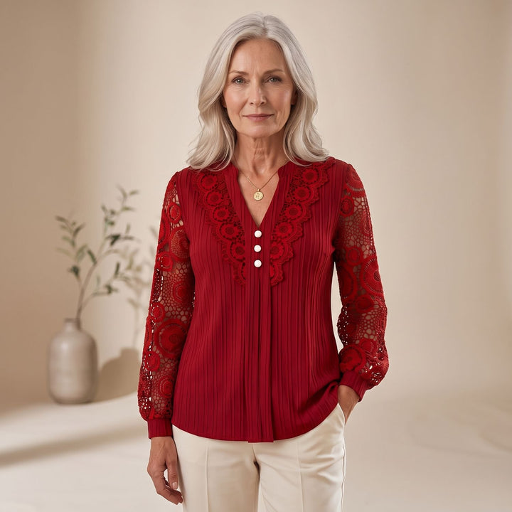 Women's Lace-Sleeve V-Neck Button-Front Blouse