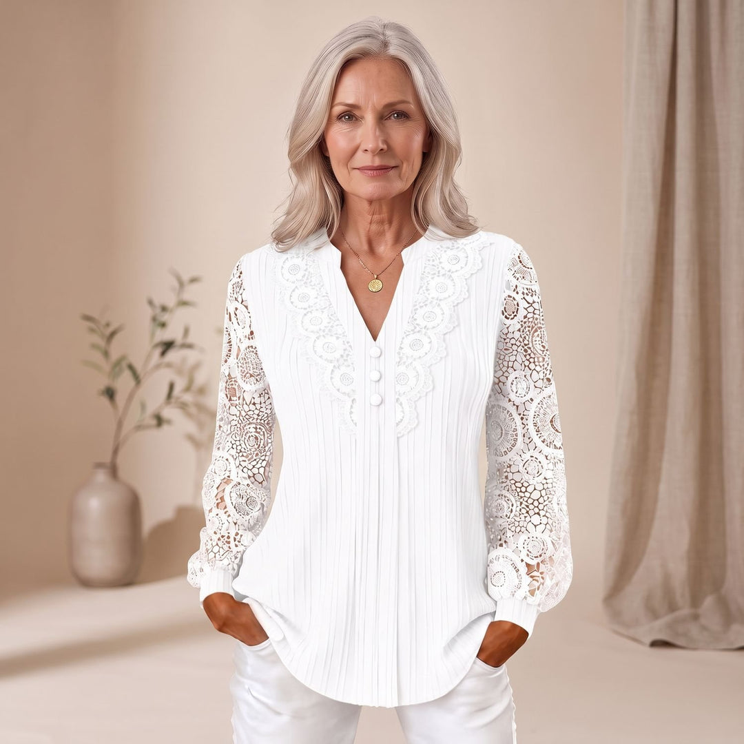 Women's Lace-Sleeve V-Neck Button-Front Blouse - White