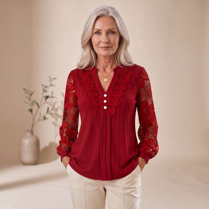 Women's Lace-Sleeve V-Neck Button-Front Blouse - Burgundy