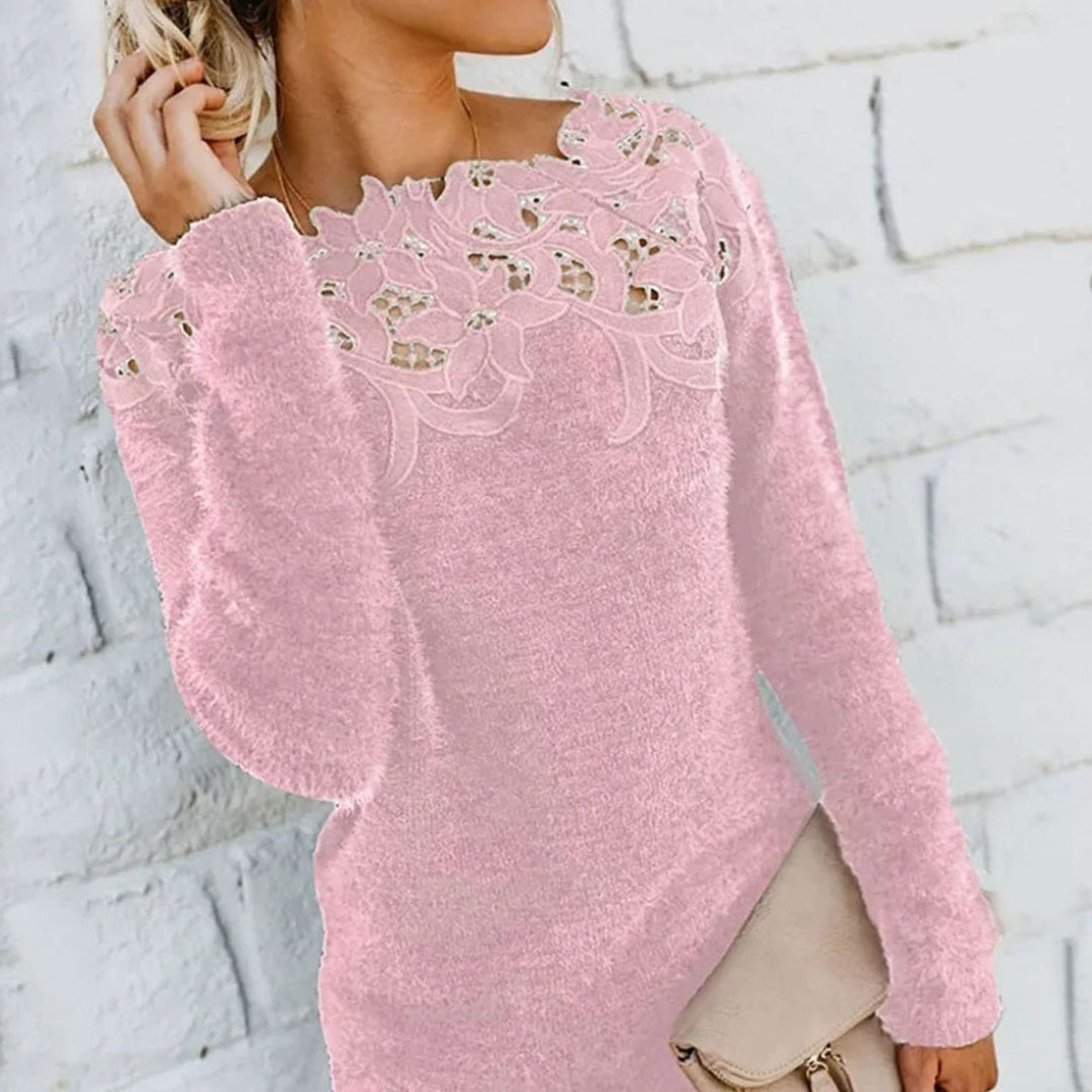 Women's Lace-Trim Floral Embroidered Long Sleeve Knit Sweater - Pink