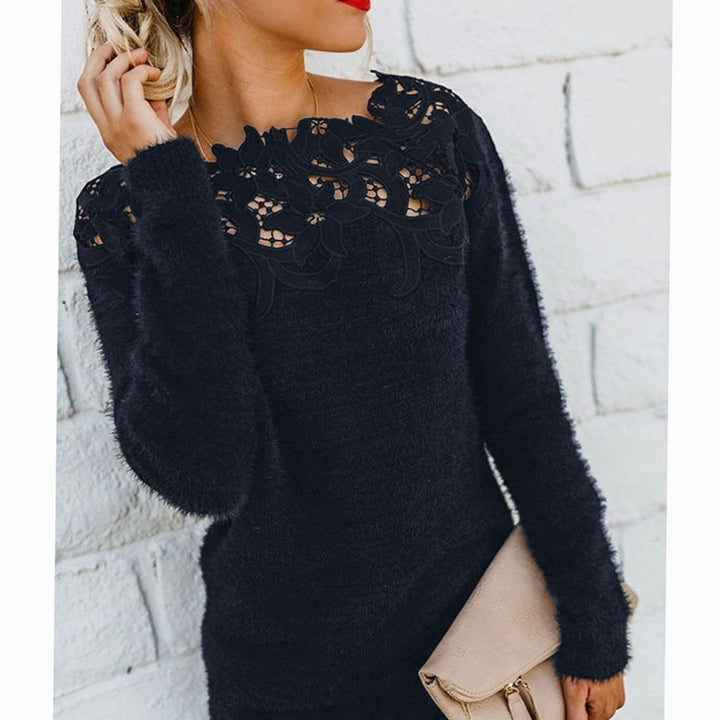 Women's Lace-Trim Floral Embroidered Long Sleeve Knit Sweater - Black