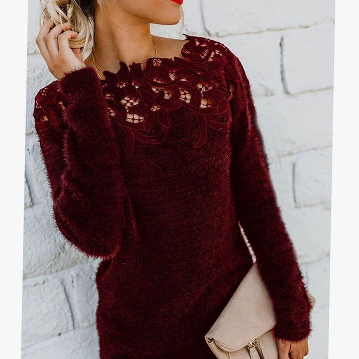 Women's Lace-Trim Floral Embroidered Long Sleeve Knit Sweater - Red Wine