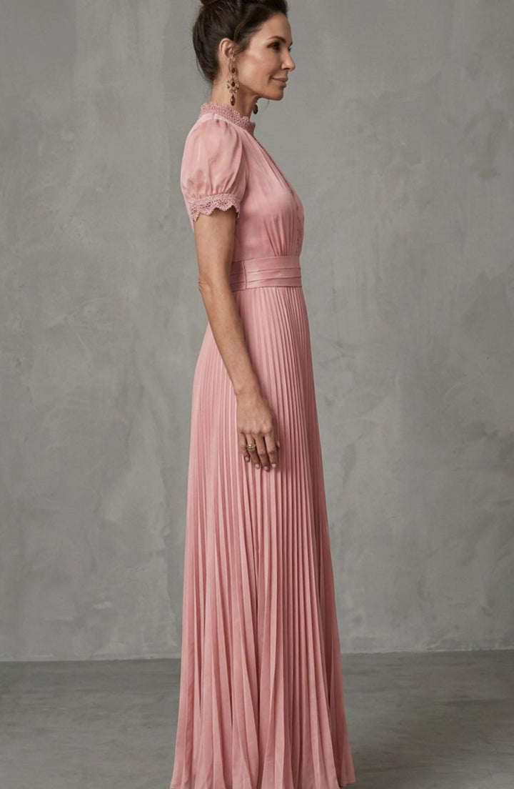 Women's Lace-Trim Puff-Sleeve Pleated Maxi Dress