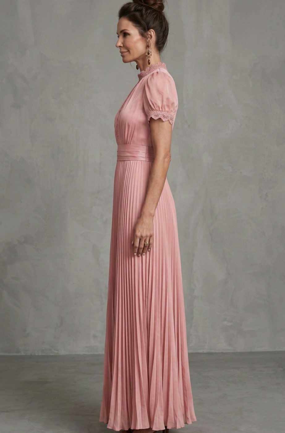 Women's Lace-Trim Puff-Sleeve Pleated Maxi Dress