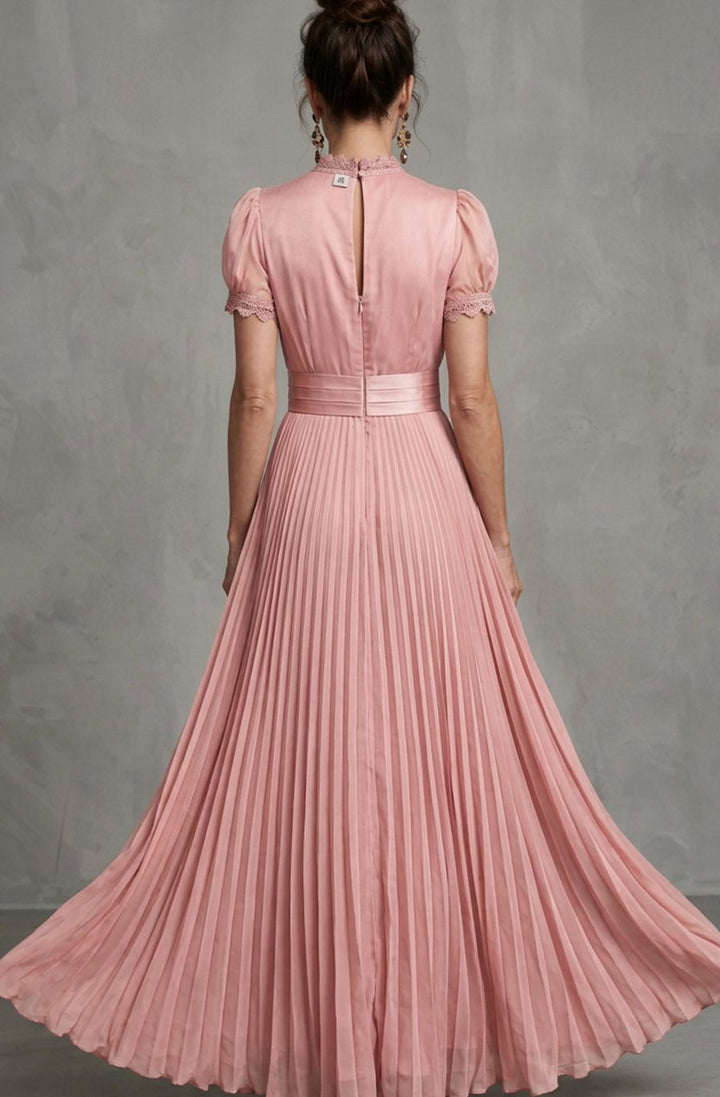 Women's Lace-Trim Puff-Sleeve Pleated Maxi Dress