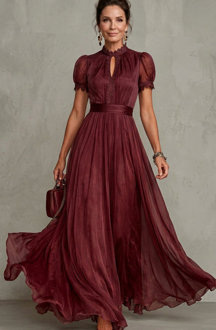 Women's Lace-Trim Puff-Sleeve Pleated Maxi Dress - Burgundy