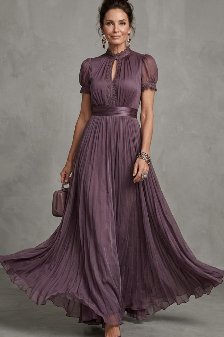 Women's Lace-Trim Puff-Sleeve Pleated Maxi Dress - Plum