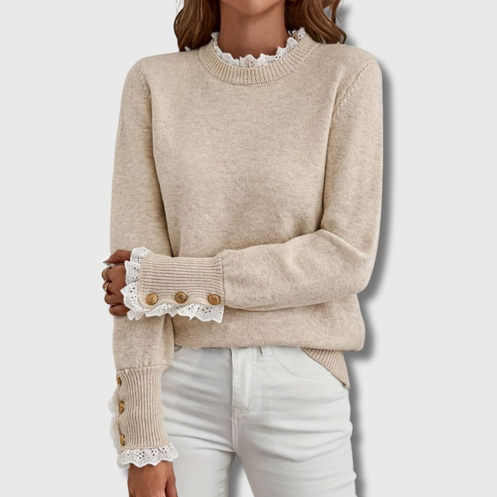 Women's Lace-Trim Ribbed-Cuff Button-Detail Knit Sweater - Apricot