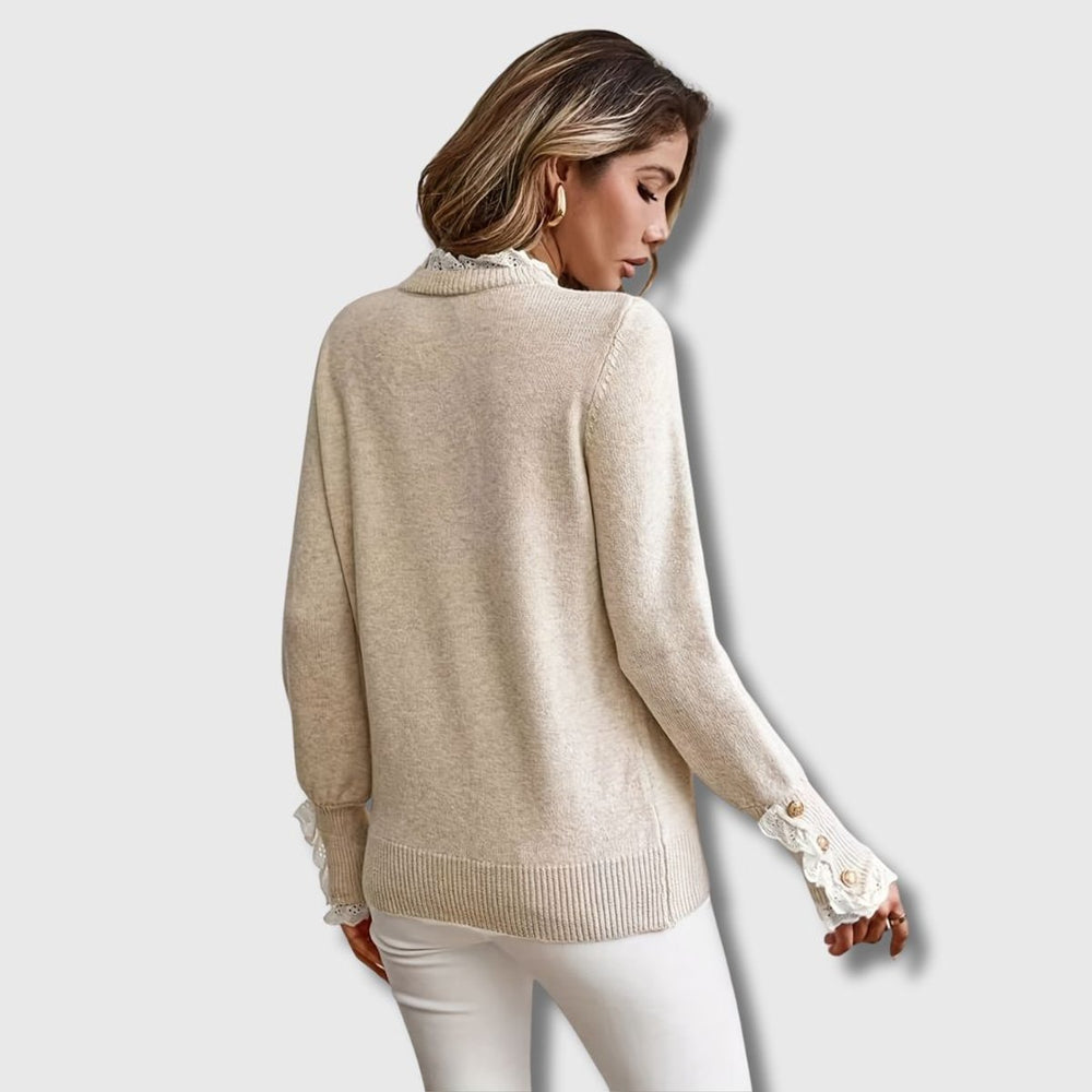 Women's Lace-Trim Ribbed-Cuff Button-Detail Knit Sweater