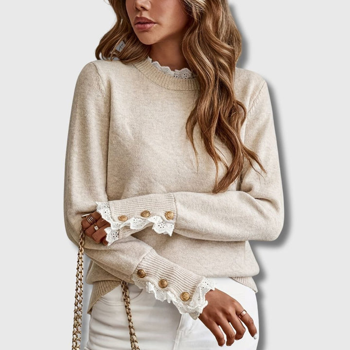 Women's Lace-Trim Ribbed-Cuff Button-Detail Knit Sweater