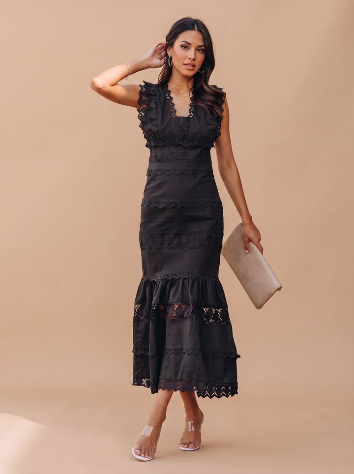 Women's Lace-Trim Sleeveless Cotton Maxi Dress - Black