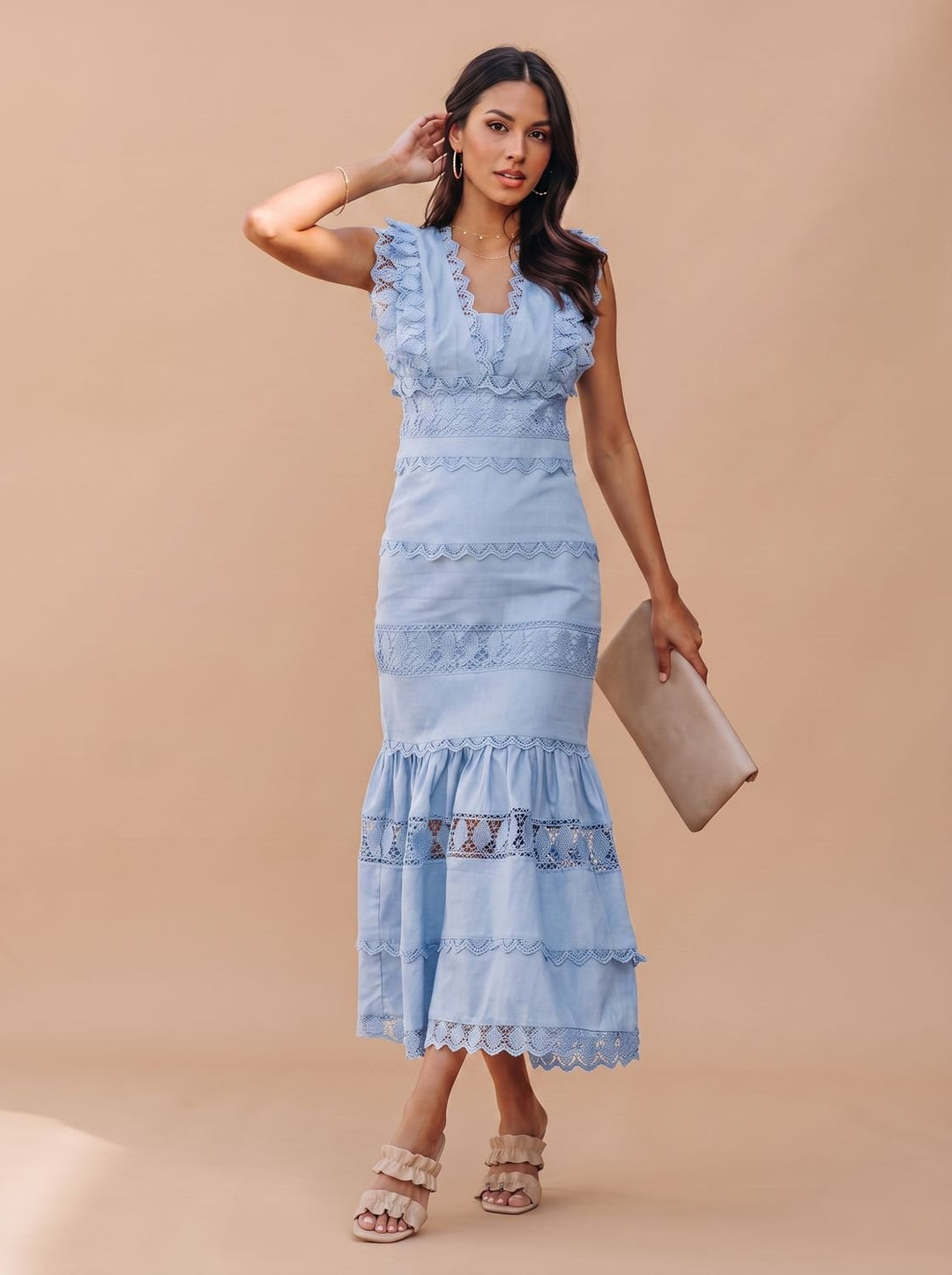 Women's Lace-Trim Sleeveless Cotton Maxi Dress - Blue