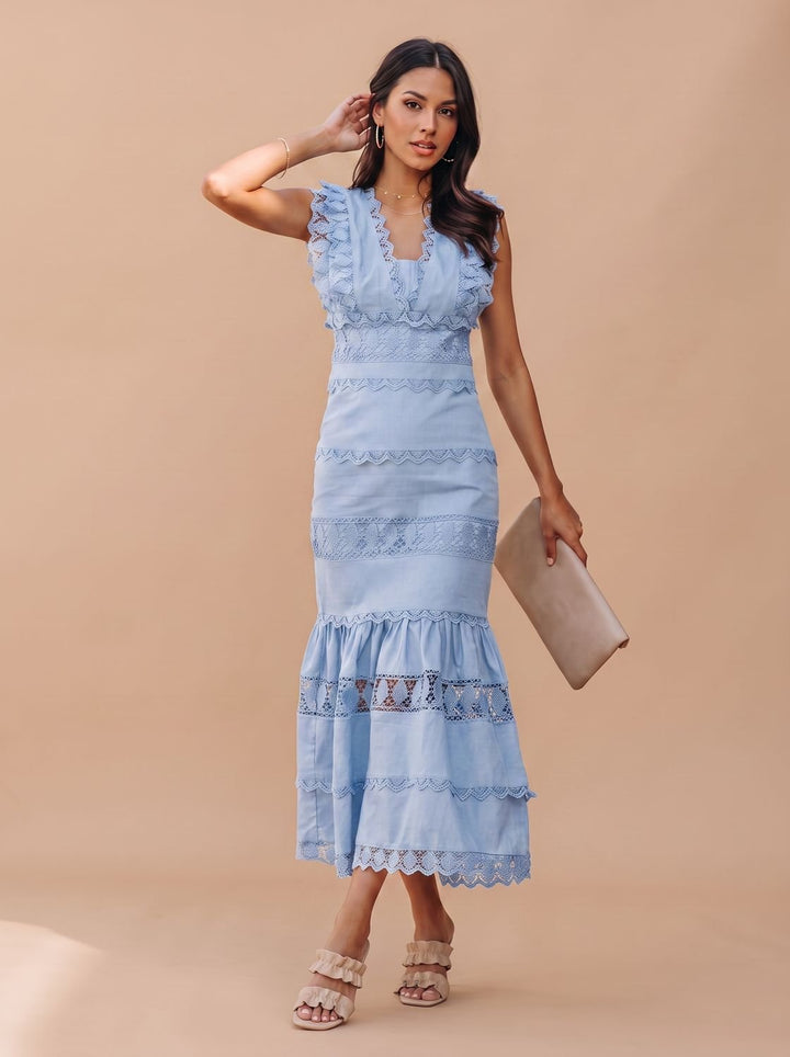 Women's Lace-Trim Sleeveless Cotton Maxi Dress - Blue