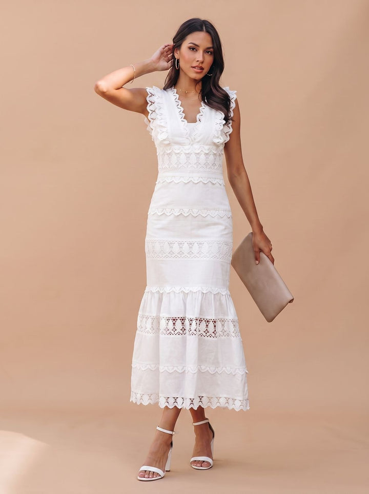 Women's Lace-Trim Sleeveless Cotton Maxi Dress - White