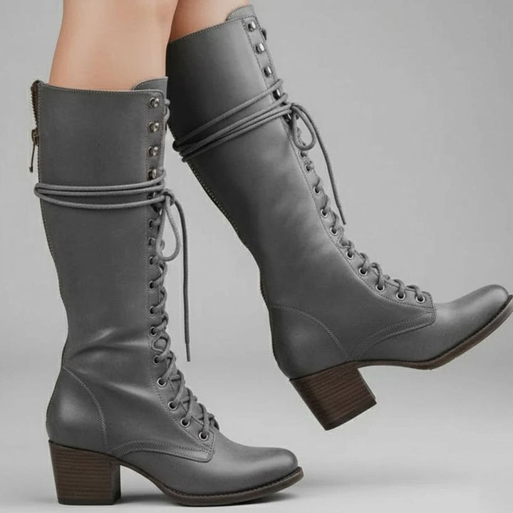 Women's Lace-Up Block Heel Studded Knee-High Boots - Gray