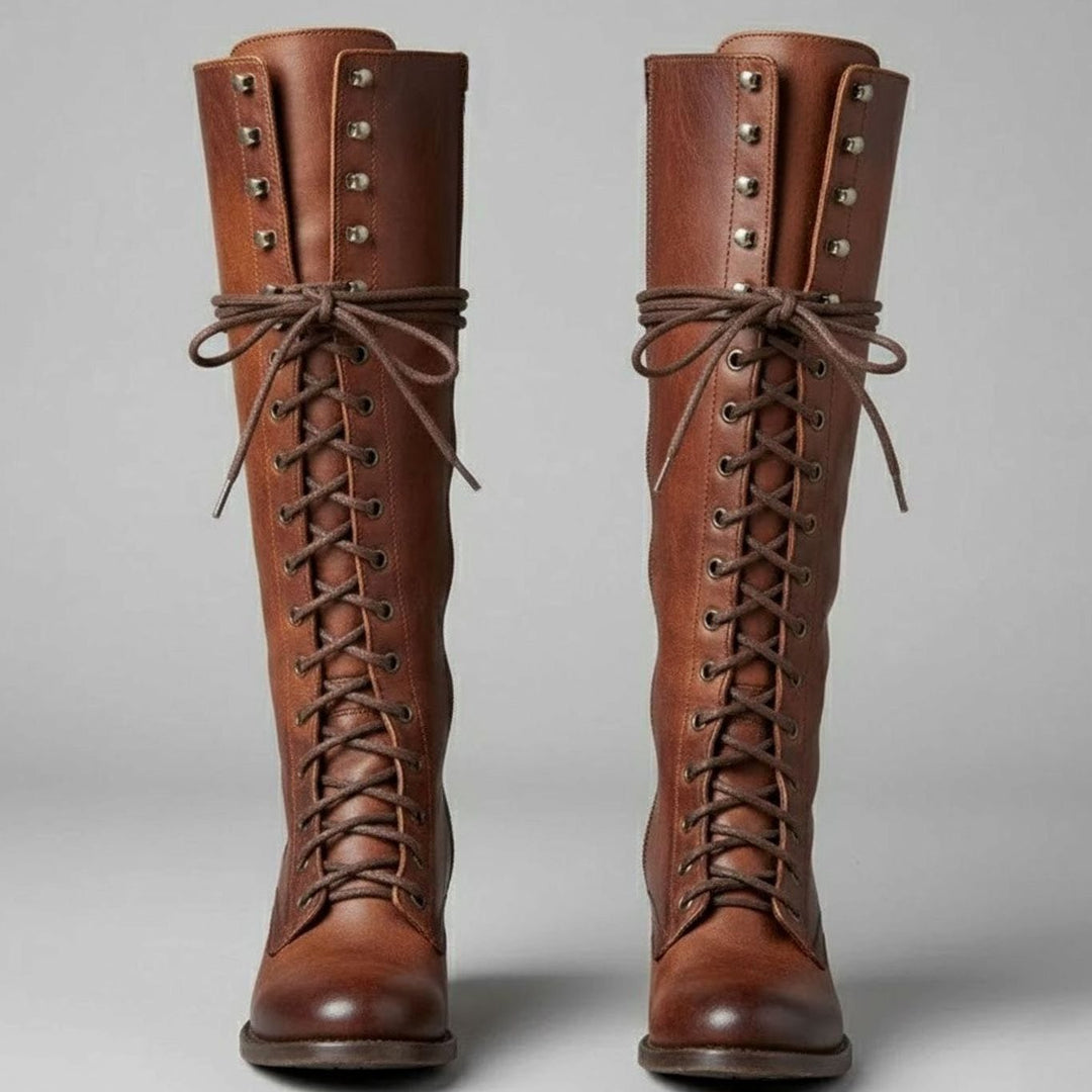 Women's Lace-Up Block Heel Studded Knee-High Boots - Brown