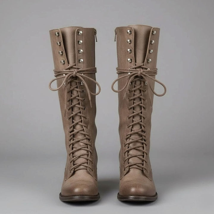 Women's Lace-Up Block Heel Studded Knee-High Boots - Khaki