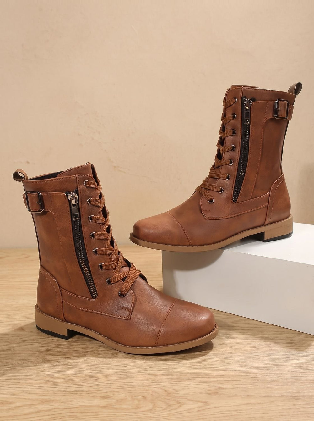 Women's Lace-Up Combat Boots Buckle Side-Zip Round-Toe