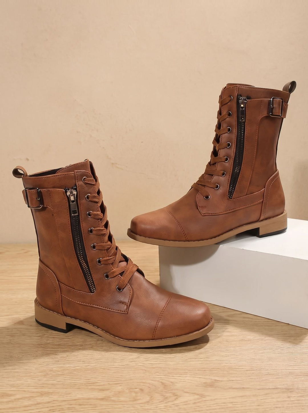 Women's Lace-Up Combat Boots Buckle Side-Zip Round-Toe