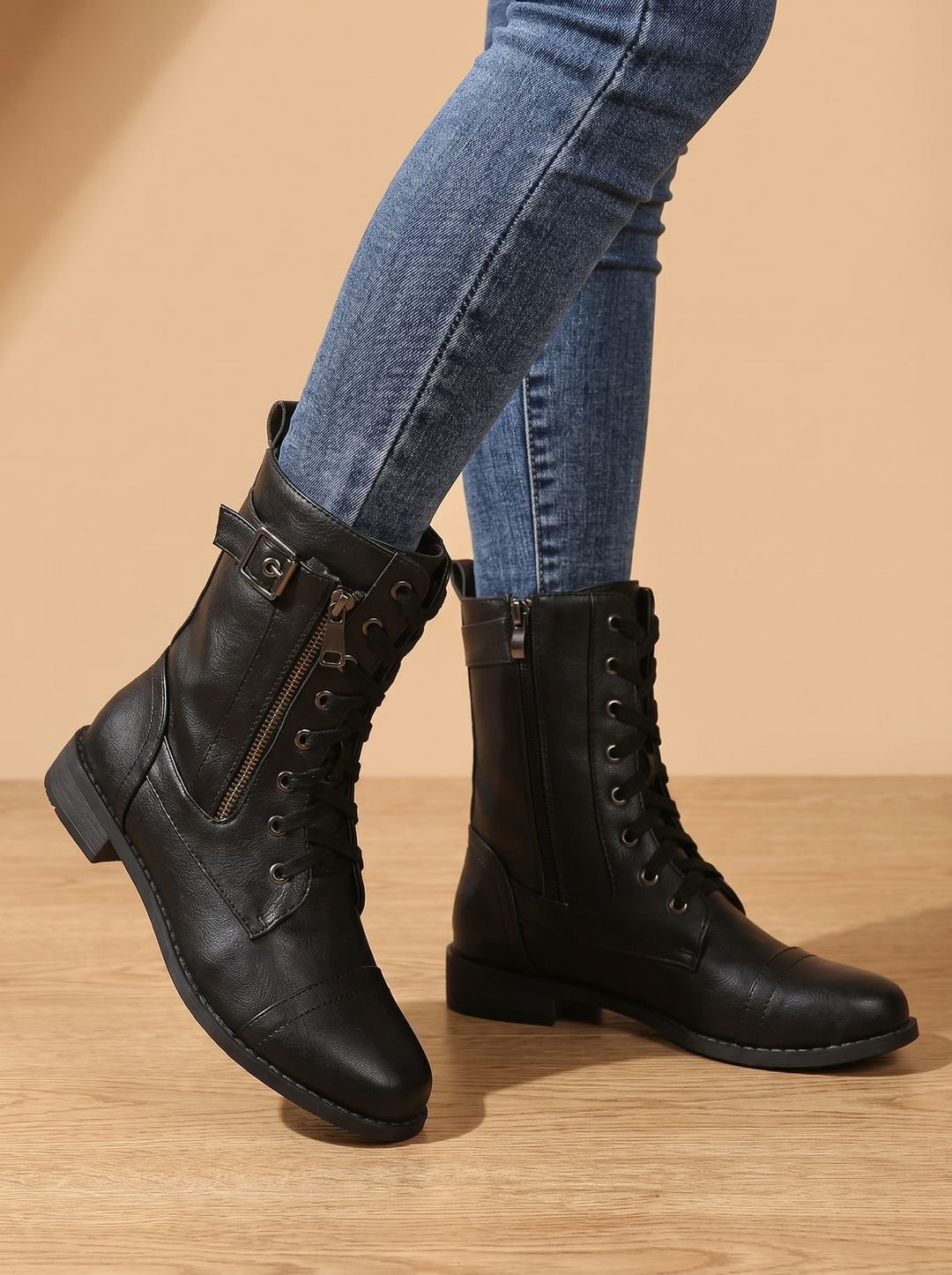 Women's Lace-Up Combat Boots Buckle Side-Zip Round-Toe