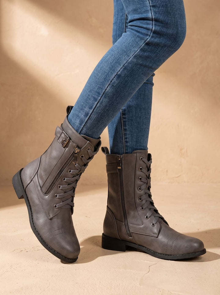 Women's Lace-Up Combat Boots Buckle Side-Zip Round-Toe