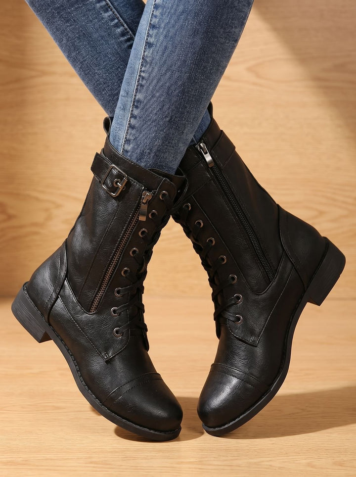 Women's Lace-Up Combat Boots Buckle Side-Zip Round-Toe