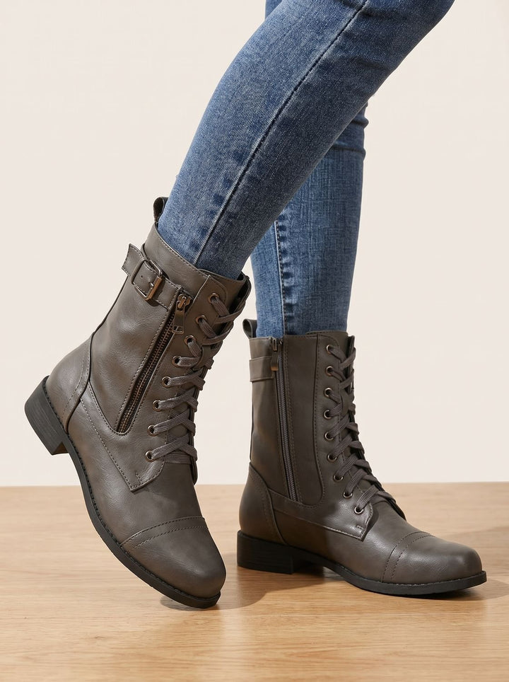 Women's Lace-Up Combat Boots Buckle Side-Zip Round-Toe