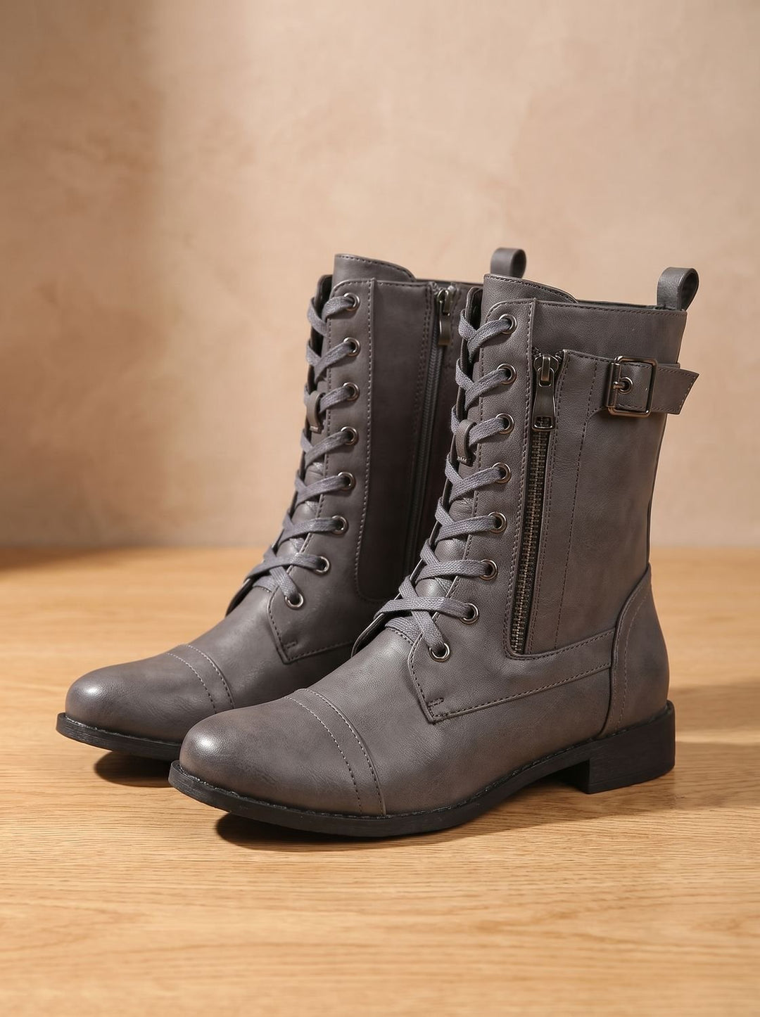 Women's Lace-Up Combat Boots Buckle Side-Zip Round-Toe