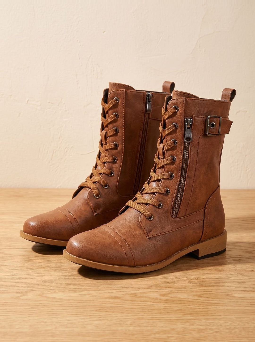 Women's Lace-Up Combat Boots Buckle Side-Zip Round-Toe