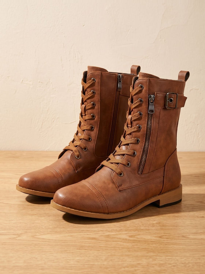 Women's Lace-Up Combat Boots Buckle Side-Zip Round-Toe