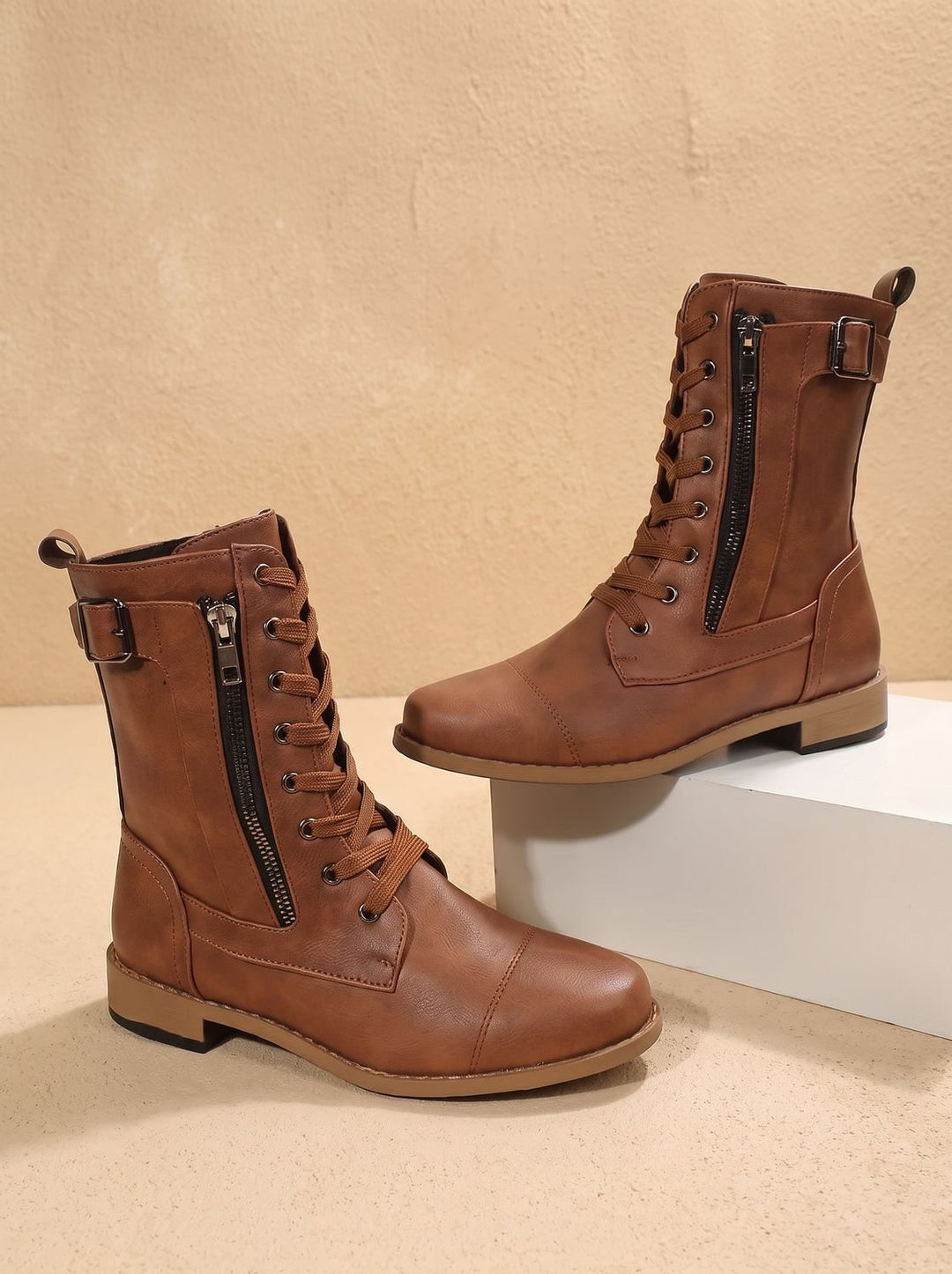 Women's Lace-Up Combat Boots Buckle Side-Zip Round-Toe - Brown