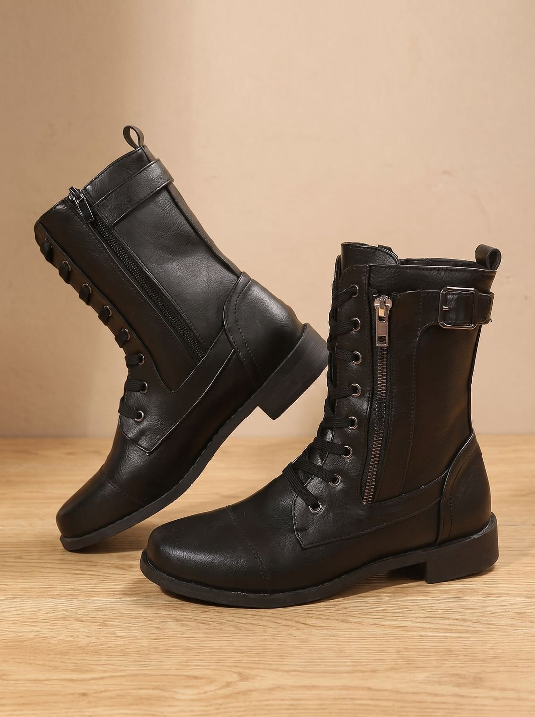 Women's Lace-Up Combat Boots Buckle Side-Zip Round-Toe - Black