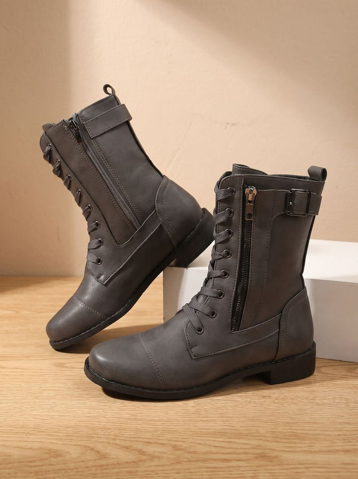 Women's Lace-Up Combat Boots Buckle Side-Zip Round-Toe - Gray