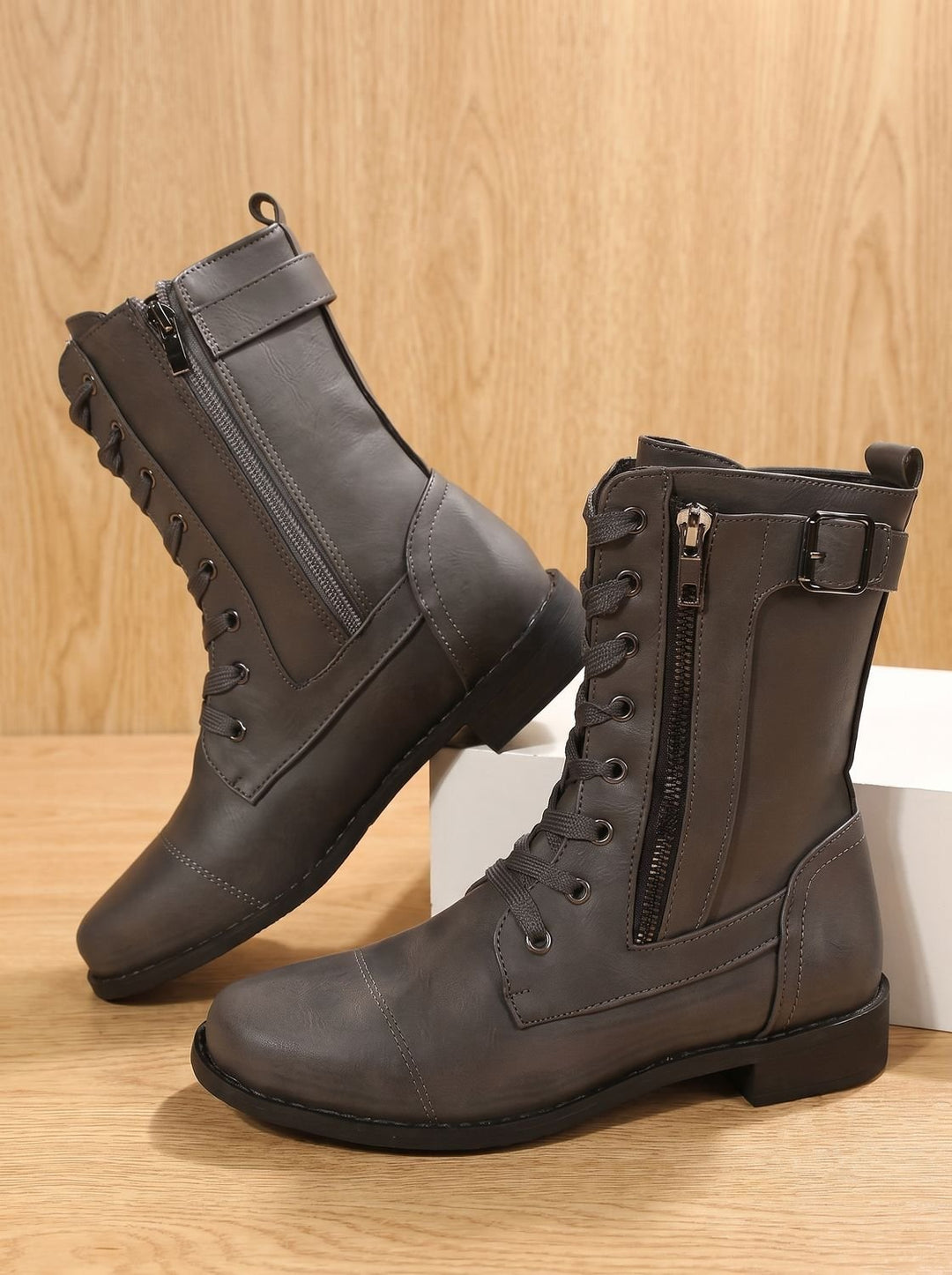 Women's Lace-Up Combat Boots Buckle Side-Zip Round-Toe
